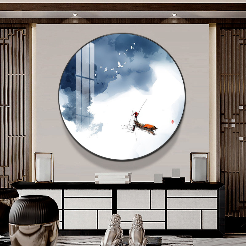 新中式玄关装饰画圆形山水画客厅沙发背景墙面壁画办公室茶室挂画,淘宝优惠券,粉丝福利购,淘宝优惠卷