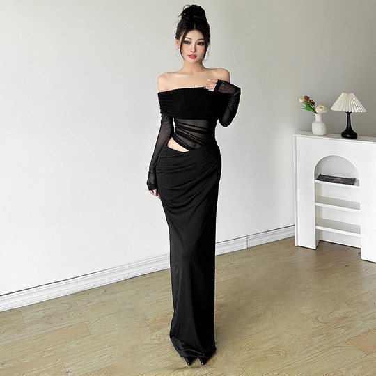 Hot girl style long skirt solid color hollow one-shoulder skirt