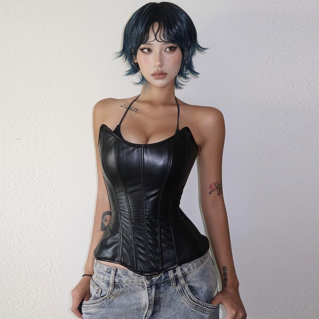 SylCue 拽酷辣妹机车风黑色PU皮显瘦抹胸背心百搭收腰不规则上衣,淘宝优惠券,粉丝福利购,淘宝优惠卷