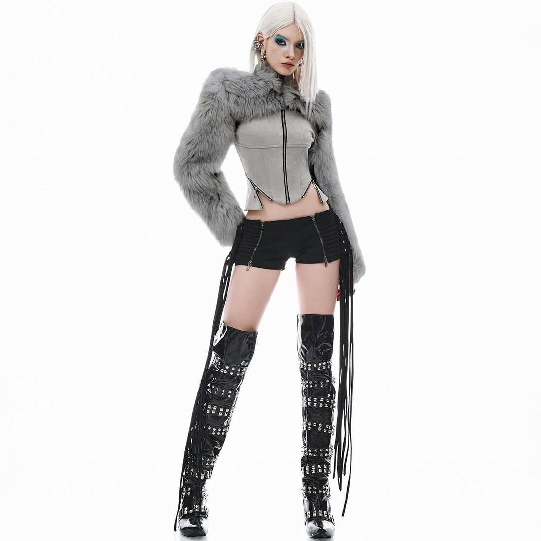 SylCue 冷艳御姐风时尚毛毛拉链百搭长袖外套收腰显瘦不规则上衣,淘宝优惠券,粉丝福利购,淘宝优惠卷