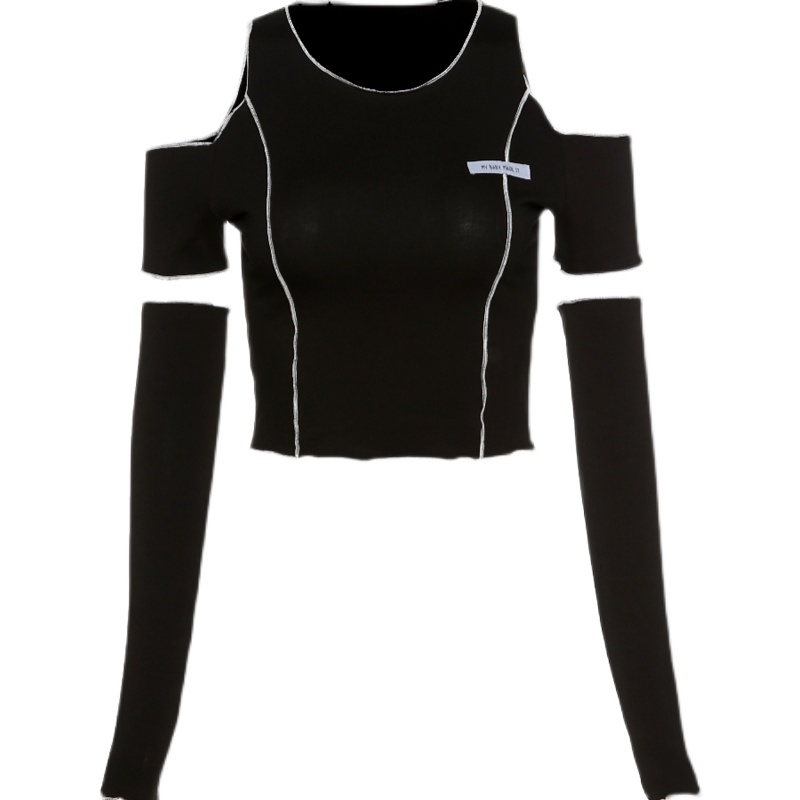SylCue新品超酷短款黑色T恤女ins打底衫显瘦镂空露肩上衣早春夏季 - 图3