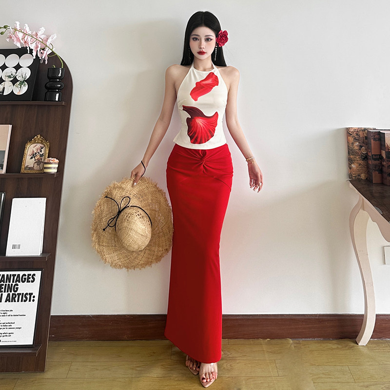 SylCue 惹火又性感别致印花显瘦露肩挂脖吊带拧结包臀半身裙套装,淘宝优惠券,粉丝福利购,淘宝优惠卷