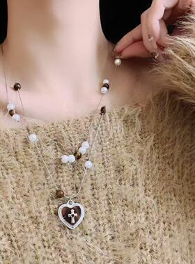 甜美豹纹爱心十字架珍珠双层叠戴项链女y2k辣妹串珠高级感毛衣链