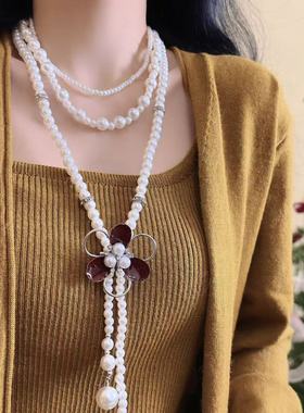 法式多层滴油红色花朵珍珠项链女轻奢高级感小众时尚气质毛衣链潮