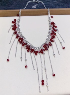 复古哥特风红色串珠流苏锁骨链小众设计高级感choker项链百搭冷酷