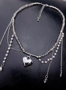 新款时尚甜美珍珠水晶爱心流苏拼接项链灰色串珠心形吊坠锁骨链