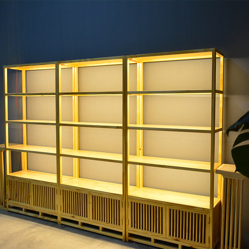 新中式置物架实木多宝阁禅意简约博古架松木展示柜茶叶隔断墙带灯 - 图2