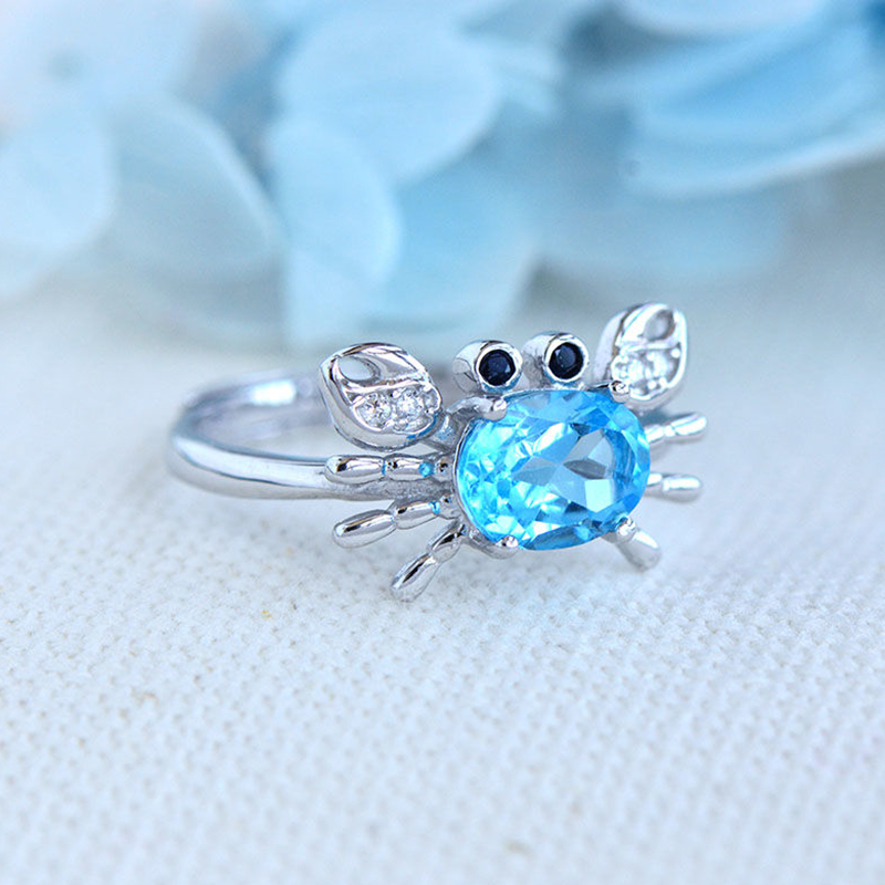 海蓝色托帕石水晶戒指女S925银镀铂金小螃蟹个性简约送女友指环 - 图1