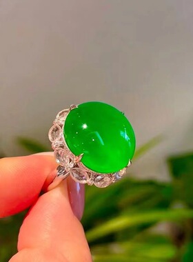 冰种正阳绿蛋面玉髓戒指镀925银缅甸满绿帝王绿戒面简约大气轻奢