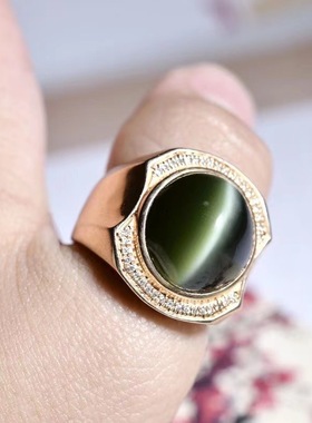 镀18K金复古香槟色罕见猫眼银钻石戒指奢华大气指环简约气质百搭