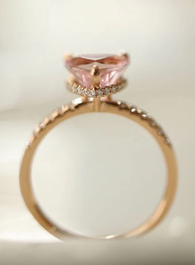粉色心钻石镀18K金超甜心形樱花粉摩根石戒指ins个性简约时尚甜美