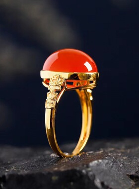 南红玛瑙戒指椭圆蛋面冰透满荧光精致大气百搭气质复古优雅指环