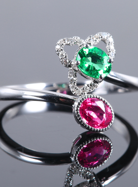 双宝石祖母绿女戒S925优雅开口戒