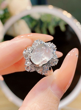 镀s925银镶嵌天然高冰玻璃种招财貔貅戒指精致高贵气质送妈妈礼物