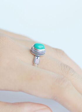 新款镀S925银麦穗纹戒边绿松石戒指手工复古做旧风格可调节指环女