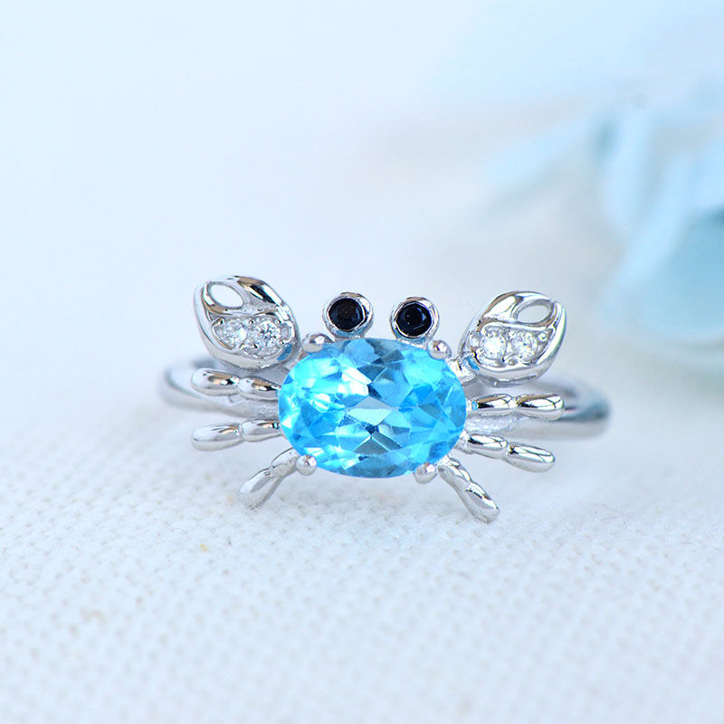 海蓝色托帕石水晶戒指女S925银镀铂金小螃蟹个性简约送女友指环 - 图0