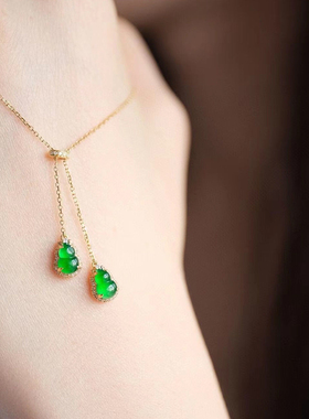 天然玉髓浓阳绿双葫芦项链女