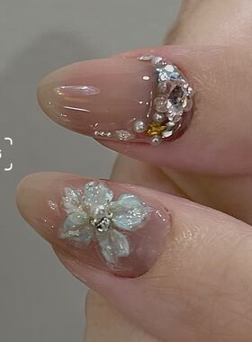 纯欲腮红显白立体冰晶花春夏爆闪彩钻纯手工制作穿戴甲