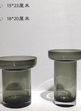 轻奢现代广口灰色玻璃花瓶家居桌面插花设计摆件样板房茶几摆件