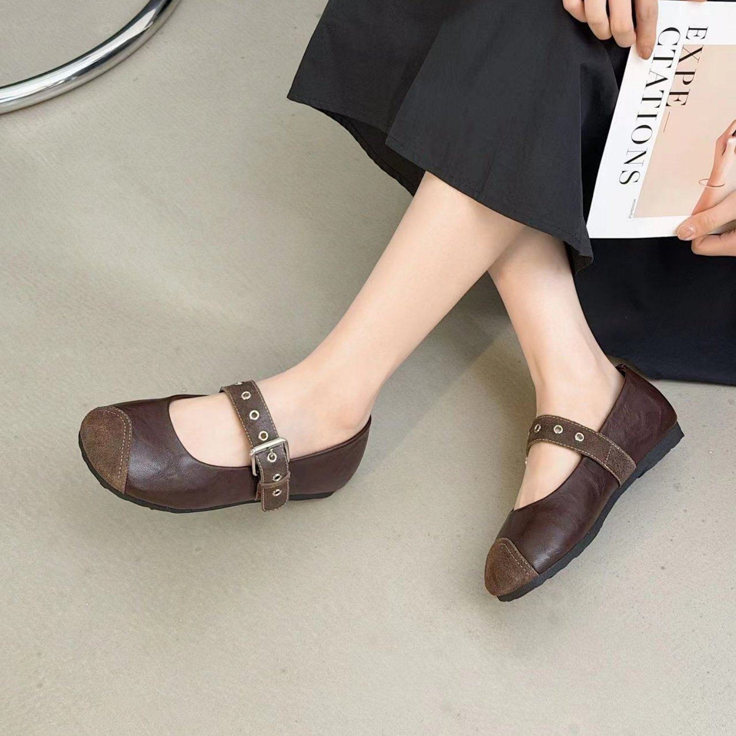法式复古铆钉玛丽珍鞋女2026年春季新款平底一字扣带小众拼接单鞋,淘宝优惠券,粉丝福利购,淘宝优惠卷