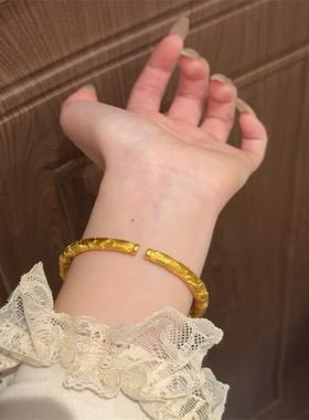 古法沙金满錾圆牡丹花手镯花开富贵浮雕刻花纹开口镯子复古送女友