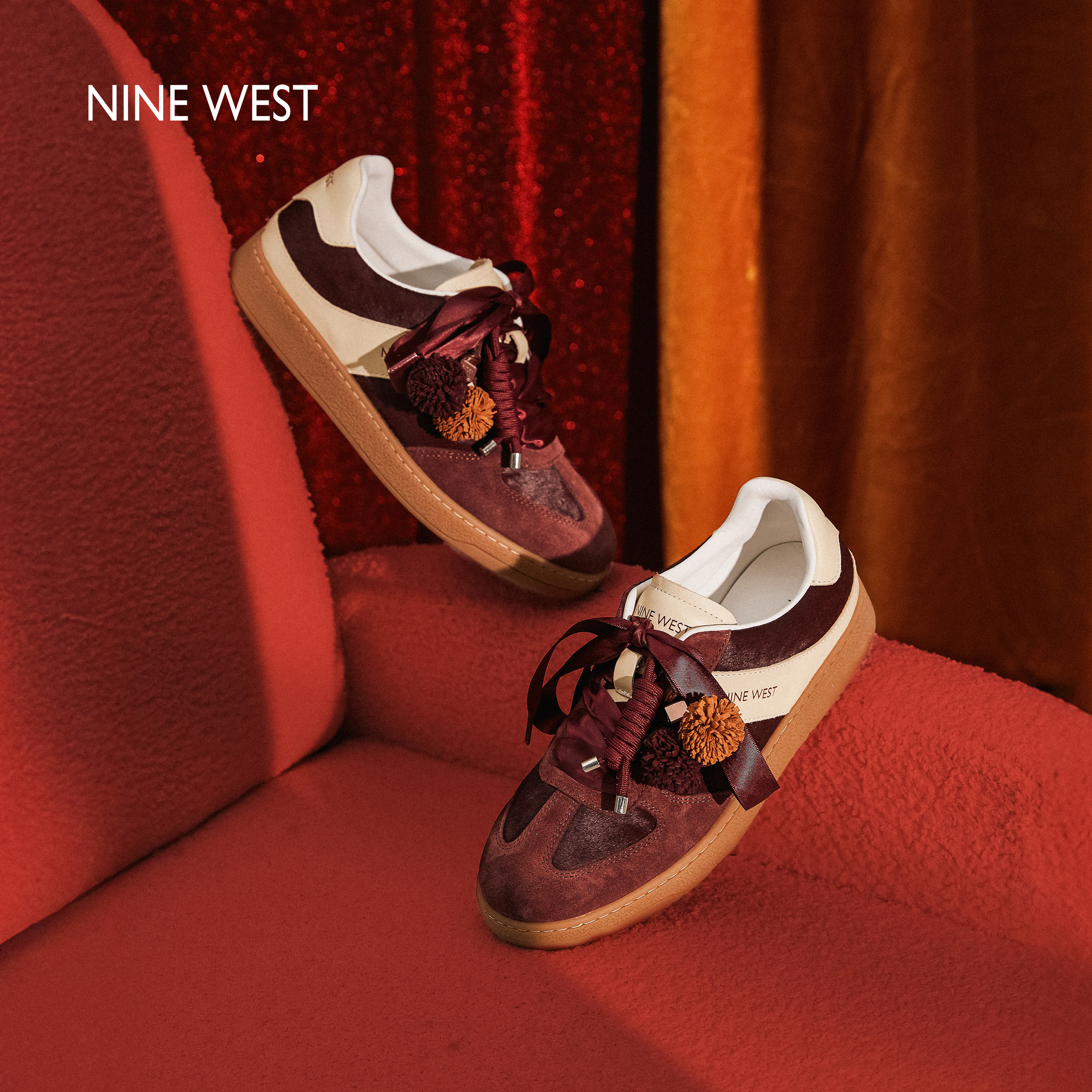 Nine West/玖熙马年红复古马毛德训鞋女2026春新款平底休闲板鞋,淘宝优惠券,粉丝福利购,淘宝优惠卷