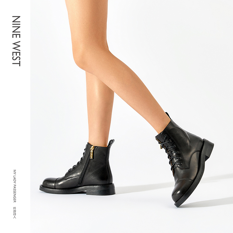 Nine West/玖熙低跟短靴女秋冬加绒牛皮侧拉链圆头短筒马丁靴黑色