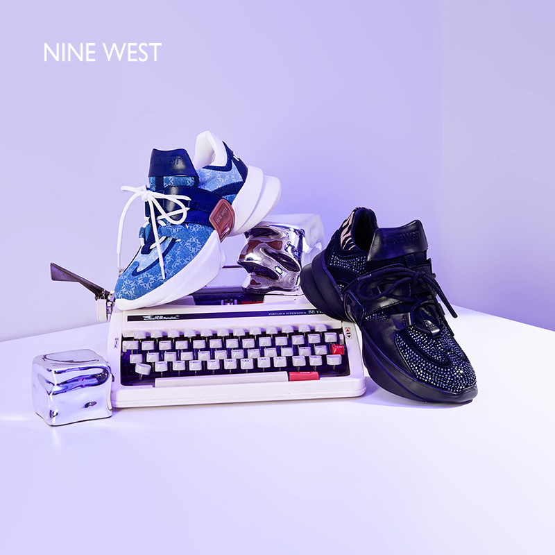 Nine West/玖熙漂浮大底设计感时尚休闲鞋春夏新款丹宁烫钻增高鞋 - 图1