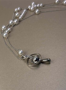 中古双层仿珍珠水滴吊坠项链