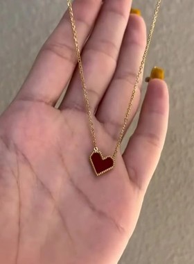 复古酒红色爱心项链女轻奢小众