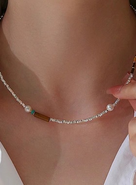 仿绿松石珍珠碎银子项链女轻奢