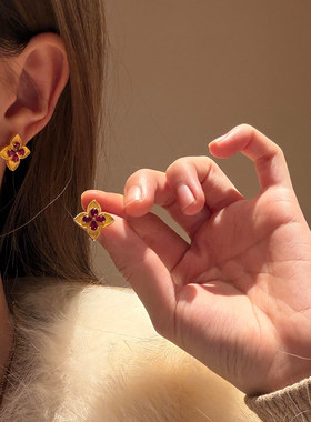 布契风金色红色闪钻四叶草项链女