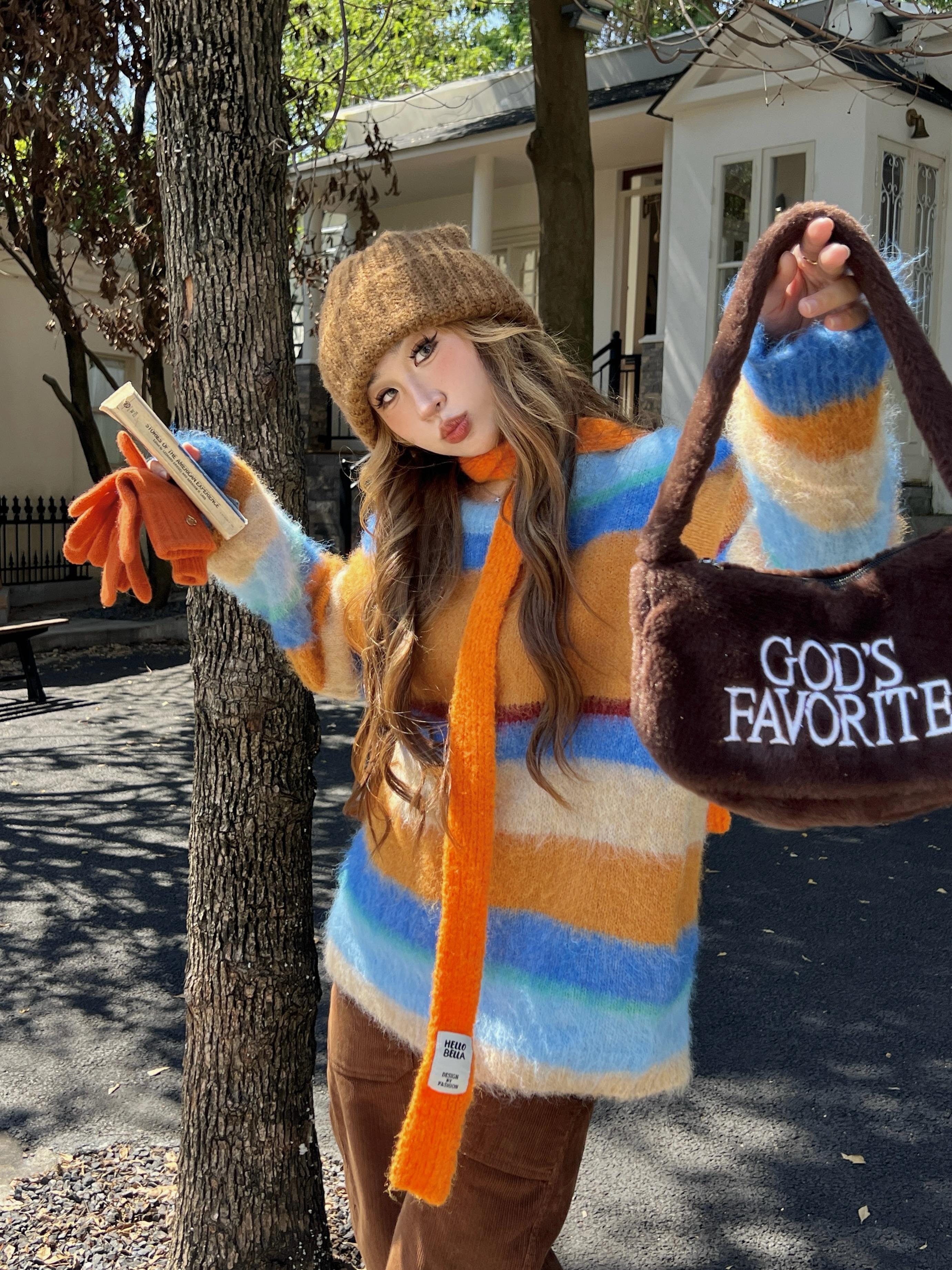 林诗琦NICKIDAILY【暖调虹光！慵懒风撞色条纹圆领长袖针织毛衣女 - 图3