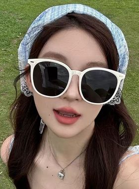 墨镜女高级感2025新款大脸防晒圆形白色框太阳眼镜防紫外线显脸小