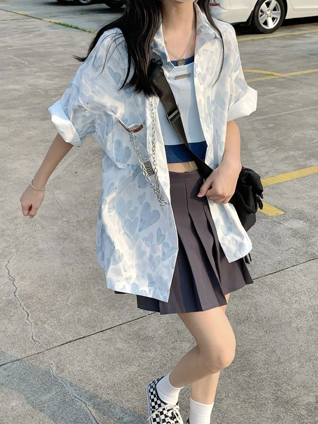 复古日系衬衫女夏季韩版宽松设计感小众爱心独特别致上衣短袖衬衣