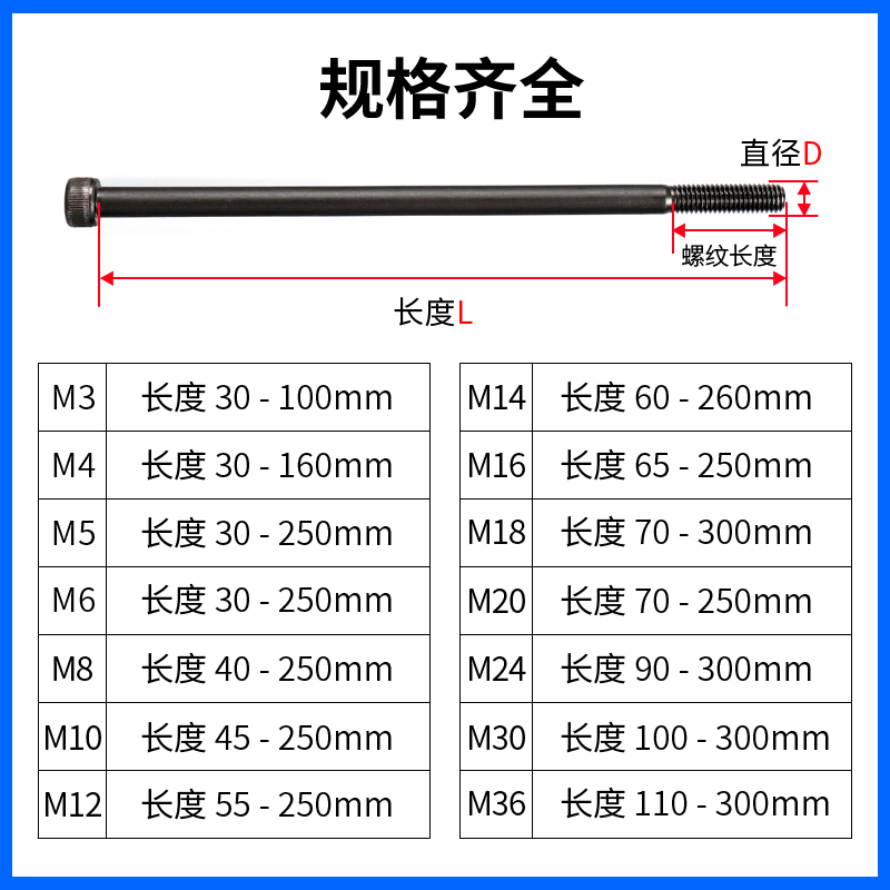 半牙12.9级高强度内六角螺丝杆加长圆柱头螺钉M5M6M8M10M12M16M20 - 图0