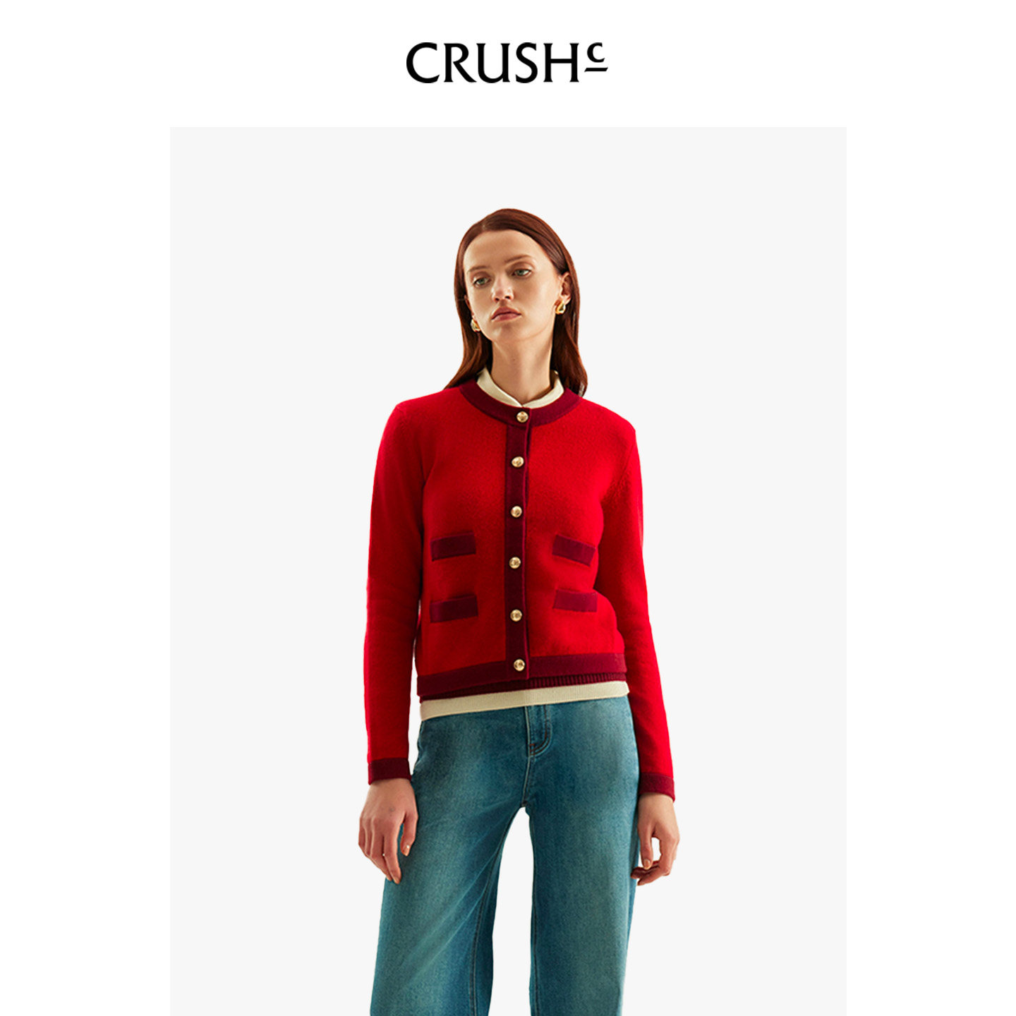 papi酱同款CRUSH Collection2025冬季新款金属扣饰拼色新年羊绒衫,淘宝优惠券,粉丝福利购,淘宝优惠卷