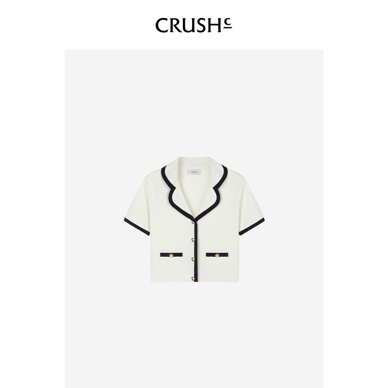 CRUSH Collection2024年春夏新款拼色边翻领短袖开衫上衣女款 - 图3