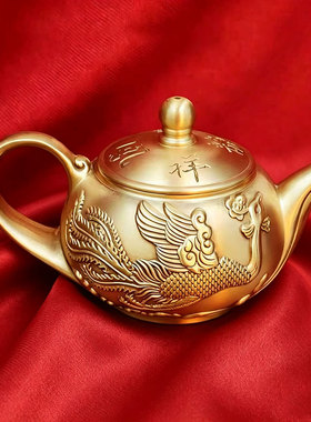 全黄铜龙凤呈祥仿古手把茶壶