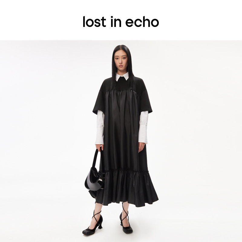 lost in echo设计师品牌设计感小众褶皱拼接荷叶宽松短袖连衣裙女 - 图3