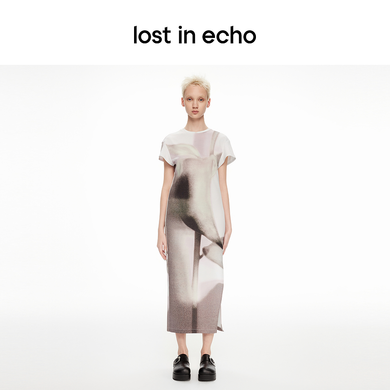 lost in echo2024春夏新品光影印花开衩宽松T恤连衣裙长裙女裙子 - 图1