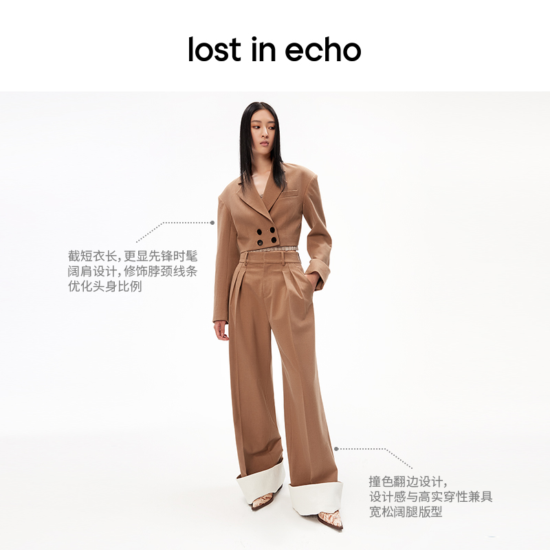 lost in echo设计师品牌显瘦阔肩截短西装外套翻折边双褶阔腿西裤 - 图0