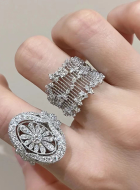 柏诗艾菲复古蕾丝网纹满天星满钻纯银镀18k高碳活口钻戒指设计感