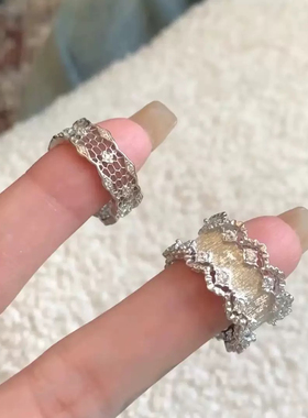 柏诗艾菲S925纯银法式蕾丝雕花镂空花边拉丝戒指轻奢中古开口戒指