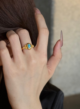 5D硬金黄金绿松石戒指女999足金点钻镶嵌鸽子蛋指环食指戒送女友