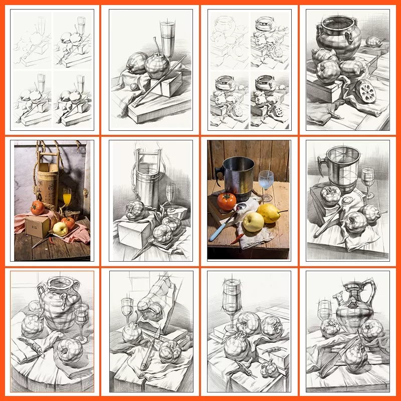 正版 素描单体静物结构+组合静物结构临摹卡32开临摹范本组合画册集美术基础单个罐子道具写生创意卡片校联考高考名师绘画临摹卡片 - 图2