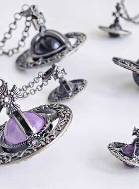 古银雕花天然石头立体土星项链