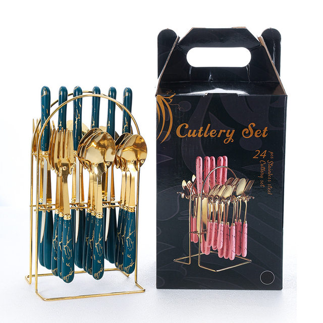 Amazon stainless steel tableware 24-piece gift box plastic imitation ceramic handle knife and fork spoon Western food steak knife and fork spoon