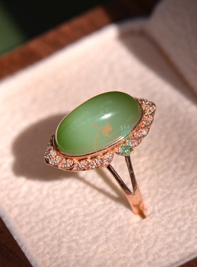 猫叔戒指和田玉碧玉猫眼18k金镶