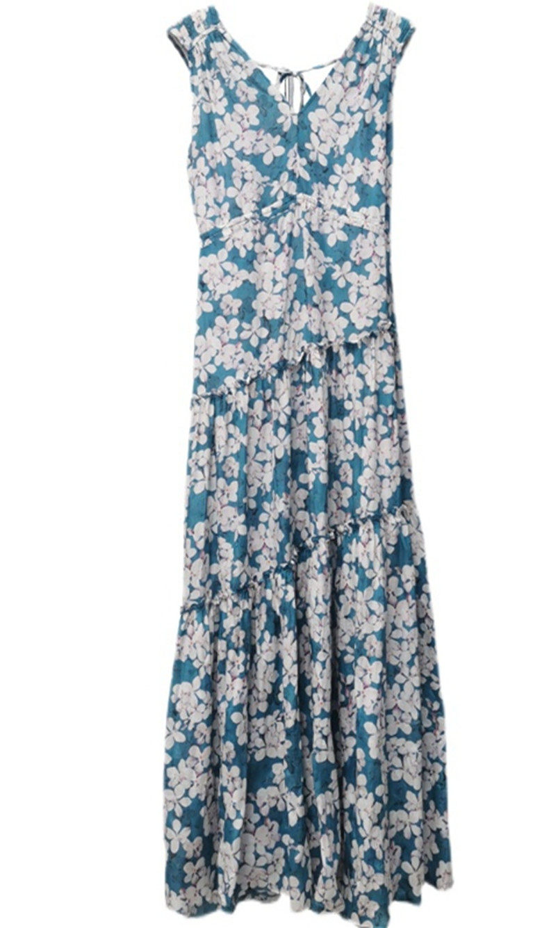 现货艾诺丝专柜正品2021夏季新品10439017印花无袖V领长款连衣裙